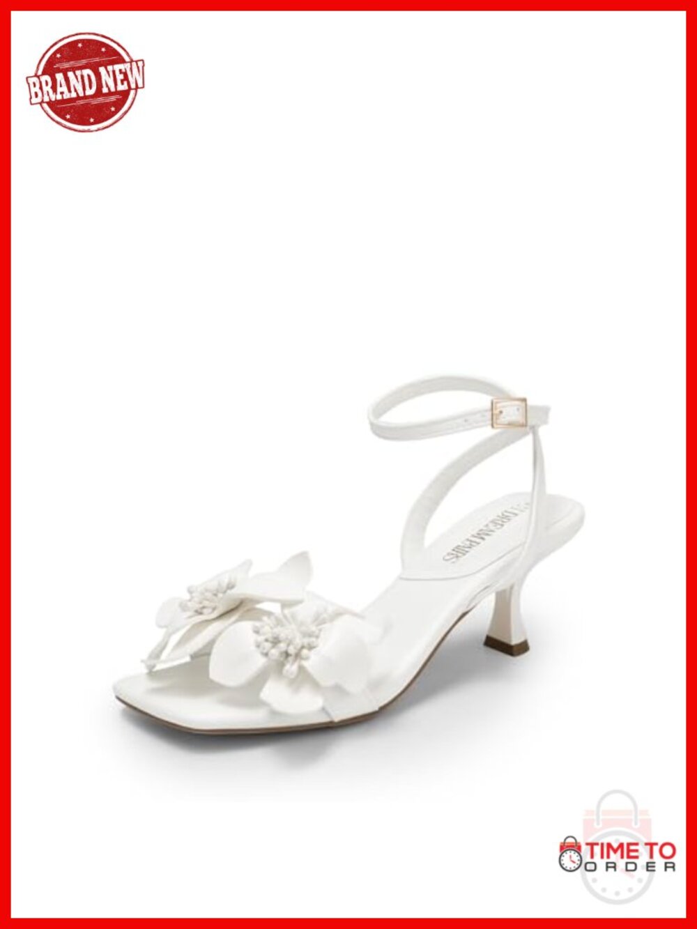 Faux Leather Flower Kitten Heel Sandals Square Toe Ankle Strap Wedding